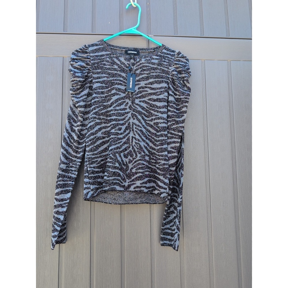Express, Zebra Black and Gray, Glitter, Puff Shoulder Sweater, Sz XS New